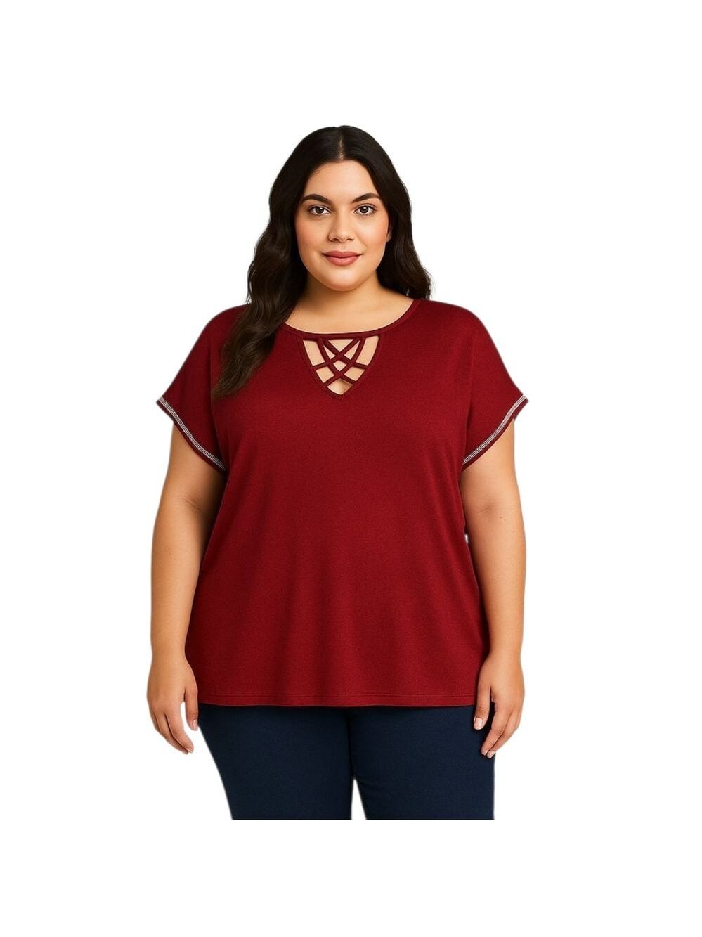 Retrology Red Lattice Neck Rhinestone Trim Top Women’s 3X Soft Stretch Knit